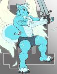  2018 abs anthro biceps big_muscles blue_fur bulge canine claws clothing digital_media_(artwork) dog fur hair hi_res husky male mammal muscular muscular_male nightterror pecs simple_background steelfire toe_claws underwear wings 