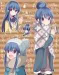  alternate_hairstyle blue_hair commentary_request cup hair_bun hair_down hidejiu long_hair long_sleeves multiple_views open_mouth pantyhose partially_translated pinecone purple_eyes scarf school_uniform shima_rin striped striped_background translation_request yurucamp 