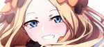  :d abigail_williams_(fate/grand_order) absurdres bad_id bad_twitter_id bangs black_bow blonde_hair blue_eyes blush bow eyebrows_visible_through_hair face fate/grand_order fate_(series) forehead hair_bow head_tilt highres long_hair looking_at_viewer open_mouth orange_bow parted_bangs smile solo wada_kazu 