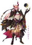  abs alternate_costume black_footwear black_sclera boots claws full_body horns ibaraki_(onmyoji) kuramubon_wa_shinda_yo long_hair male_focus midriff onmyoji pink_hair pointy_ears standing yellow_eyes 