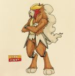  2017 3_toes ambiguous_gender anthro anthrofied biped brown_fur brown_hair crossed_arms digitigrade english_text entei featureless_crotch firefightdex front_view frown full-length_portrait fur hair hatching_(technique) hi_res legendary_pok&eacute;mon long_hair looking_away mammal mane_hair marker_(artwork) mfanjul mixed_media multicolored_fur muscular muscular_ambiguous nintendo nude pen_(artwork) pok&eacute;mon pok&eacute;mon_(species) pok&eacute;morph portrait pseudo_clothing shadow simple_background smoke solo spikes standing tan_fur text toes toony traditional_media_(artwork) two_tone_fur video_games white_background 