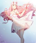  anson_(13686564308) artist_name breasts cleavage cowboy_shot darling_in_the_franxx dated dress green_eyes highres horns long_hair medium_breasts open_mouth pink_hair ribbon signature solo strap_slip white_dress wind zero_two_(darling_in_the_franxx) 