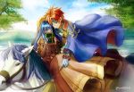  1girl ane-suisei armor blue_eyes blue_hair blush cape couple day dress fire_emblem fire_emblem:_fuuin_no_tsurugi forest gloves hat hetero horse jewelry lilina long_hair multiple_riders nature ocean red_hair roy_(fire_emblem) short_hair sidesaddle sky smile 