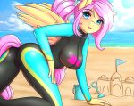  2018 all_fours anthro anthrofied beach bent_over breasts bucket butt butt_focus butt_pose clothing cloud digital_media_(artwork) equine eyelashes feathered_wings feathers female fluttershy_(mlp) friendship_is_magic hair hi_res looking_at_viewer mammal my_little_pony open_mouth outside pegasus pink_hair sand_castle sculpture seaside solo spade tight_clothing twistedscarlett60 wings 