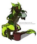 2018 4_toes anthro black_hair brown_fur crouching digitigrade fur green_fur green_hair hair looking_down male multicolored_fur plant plant_pot red_eyes safe sergal sidgi slit_pupils smile solo toes venus_fly_trap water watering_can 