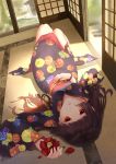 artist_name black_hair bracelet dated dutch_angle enma_ai floral_print flower highres indoors jewelry jigoku_shoujo long_hair looking_at_viewer lying on_back red_eyes solo youzixiaoming 