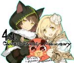  2boys animal_hood anniversary black_gloves blonde_hair bob_cut brown_hair cat_hood copyright_name cosplay cyenmi3 djeeta_(granblue_fantasy) dragon flower gloves gran_(granblue_fantasy) granblue_fantasy hair_flower hair_ornament hood knights_of_glory kuronekodoushi kuronekodoushi_(cosplay) looking_at_viewer multiple_boys open_mouth protected_link short_hair simple_background smile the_glory the_glory_(cosplay) vee_(granblue_fantasy) white_background yellow_eyes 