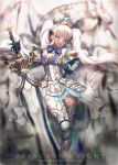 absurdres armor armored_boots armored_dress blue_eyes boots commentary crown dress gem highres lace looking_at_viewer open_mouth original sword thigh_boots thighhighs twintails weapon white_hair y.i._(lave2217) 