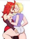  2girls android android_18 android_21 ass black-framed_eyewear black_armwear black_nails blonde_hair blue_eyes blush breasts curvy cyborg dragon_ball dragon_ball_fighterz dragonball_z dress earrings eyebrows female hips hoop_earrings kissing long_hair multicolored_dress multiple_girls nail_polish nipples open_mouth red_hair ring shirt short_hair shorts simple_background thick_thighs thighs tongue tongue_out white_background wide_hips yuri 