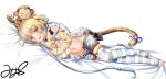  :d andira_(granblue_fantasy) animal_ears barefoot bed_sheet bell blonde_hair brown_eyes commentary_request full_body fur-trimmed_shorts fur_trim granblue_fantasy jingle_bell lying monkey monkey_ears monkey_tail navel on_side open_fly open_mouth short_shorts shorts signature smile solo stomach striped striped_legwear tail tail_bell thighhighs toeless_legwear yukino_minato 
