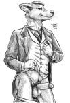  2018 anthro balls blazer button_(disambiguation) canine clothing fur glans humanoid_penis looking_at_viewer male mammal necktie penis pubes smile tabaxitaxi traditional_media_(artwork) vest 