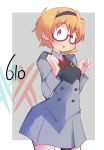  alternate_costume blonde_hair blush breasts commentary company_connection cosplay cowboy_shot darling_in_the_franxx glasses hairband hys-d little_witch_academia looking_at_viewer lotte_jansson short_hair small_breasts solo trigger_(company) 