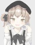  :d black_bow black_hat black_ribbon blush bow brown_eyes collared_shirt commentary_request fangs flower grey_background hair_rings hat hatoba_tsugu hatoba_tsugu_(character) light_brown_hair long_hair long_sleeves mole mole_under_eye one_side_up open_mouth pointing pointing_at_self ribbon rose sa_ka_(sakanoya) shirt simple_background smile solo suspenders virtual_youtuber white_flower white_rose white_shirt 