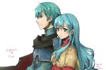  1girl aqua_hair armor blue_eyes blue_hair blush brother_and_sister cape eirika ephraim fire_emblem fire_emblem:_seima_no_kouseki fire_emblem_heroes gloves green_hair long_hair looking_at_viewer robaco siblings simple_background skirt smile white_background 