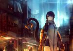  bad_id bad_pixiv_id bangs bike_shorts black_hair city closed_mouth commentary_request cyberpunk cyborg earrings eyepatch highres jewelry kasagarasu looking_at_viewer mechanical_arm mechanical_tail orange_eyes original outdoors prosthesis science_fiction short_hair shorts slit_pupils solo_focus standing sumi_elias swept_bangs tail 