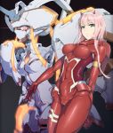  aqua_eyes bodysuit breasts cameltoe commentary_request covered_navel darling_in_the_franxx glowing glowing_eyes hairband horns legs_together light_trail long_hair looking_at_viewer mecha medium_breasts nandz parted_lips pilot_suit pink_hair red_bodysuit red_eyes shiny shiny_hair shiny_skin skin_tight solo standing straight_hair strelizia teeth white_hairband zero_two_(darling_in_the_franxx) 