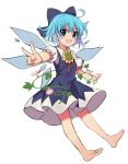  absurdres ahoge barefoot blue_bow blue_dress blue_eyes blue_hair blush bow cirno commentary_request dress flower hidden_star_in_four_seasons highres ice ice_wings looking_at_viewer neck_ribbon open_mouth plant puffy_short_sleeves puffy_sleeves red_neckwear red_ribbon ribbon ruhika short_hair short_sleeves simple_background smile solo sunflower tanned_cirno touhou v vines white_background wings 