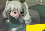  anchovy anzio_military_uniform arm_support bangs belt black_belt black_neckwear blurry blurry_background blurry_foreground carro_armato_p40 commentary day depth_of_field dress_shirt drill_hair excel_(shena) girls_und_panzer green_hair grey_jacket grey_pants ground_vehicle highres jacket leaning_forward long_hair military military_uniform military_vehicle motor_vehicle necktie open_mouth outdoors pants red_eyes sam_browne_belt shirt solo sweatdrop tank twin_drills twintails uniform v-shaped_eyebrows white_shirt 