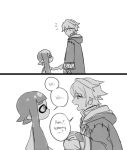  1girl blush book cape comic domino_mask fangs fire_emblem fire_emblem:_kakusei greyscale height_difference inkling laaaicha long_hair looking_at_another male_my_unit_(fire_emblem:_kakusei) mask monochrome my_unit_(fire_emblem:_kakusei) pointy_ears robe simple_background sleeve_tug splatoon_(series) splatoon_1 squid super_smash_bros. super_smash_bros._ultimate tentacle_hair white_background 