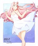  anson_(13686564308) artist_name blue_eyes breasts character_name cleavage cowboy_shot darling_in_the_franxx dated dress expressionless highres horns long_hair medium_breasts pink_hair solo strap_slip white_dress wind zero_two_(darling_in_the_franxx) 