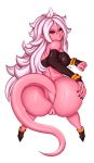  1girl android_21 anus ass bottomless breasts closed_mouth dragon_ball dragon_ball_fighterz dragonball_z earrings eyebrows female huge_ass jnstudio long_hair looking_back majin_(race) majin_android_21 pink_skin pointy_ears pussy red_eyes shoes simple_background solo tail white_background white_hair 