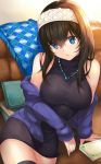  :o ashita_(2010) bare_shoulders black_hair black_legwear blue_eyes blush book breasts commentary_request hairband idolmaster idolmaster_cinderella_girls jewelry large_breasts long_hair looking_at_viewer necklace sagisawa_fumika solo thighhighs 