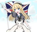  blonde_hair blue_eyes blue_sailor_collar cloud cloudy_sky commentary_request cowboy_shot dress gloves hamura hat jervis_(kantai_collection) kantai_collection long_hair looking_at_viewer open_mouth sailor_collar sailor_dress short_sleeves sky smile solo union_jack white_dress white_gloves white_hat 