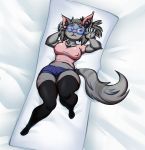  2017 anthro big_breasts breasts cat claws clothed clothing digital_media_(artwork) eyewear fan_character feline female fur glasses grey_eyes grey_fur grey_hair hair invalid_tag legwear looking_at_viewer lying mammal mrkashkiet simple_background socks solo teeth wide_hips young 