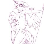  2015 animal_genitalia animal_penis anthro anthrofied areola balls breasts cutie_mark dickgirl equine equine_penis erection feathered_wings feathers friendship_is_magic hair hi_res horn intersex looking_at_viewer mammal monochrome my_little_pony navel nude penis qweeli smile solo twilight_sparkle_(mlp) winged_unicorn wings 