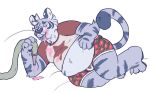  2016 4_fingers anthro belly big_belly blue_fur blue_nose blue_pawpads blue_tongue claws clothing digital_drawing_(artwork) digital_media_(artwork) dipstick_tail eating feline fluffy fur male mammal markings messy multicolored_fur multicolored_tail pawpads paws raccoonkind simple_background solo striped_fur stripes taylor_james tiger toe_claws tongue tongue_out underwear weight_gain white_background 