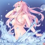  breasts closed_mouth commentary_request darling_in_the_franxx enchuu green_eyes hair_censor hair_over_breasts highres horns long_hair medium_breasts navel nude partially_submerged pink_hair smile solo water wrist_extended zero_two_(darling_in_the_franxx) 