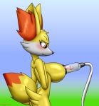  2018 anthro anthrofied big_breasts blush breast_milking breasts chameloshi ear_tuft erect_nipples female fennekin fur gradient_background lactating machine milk milking_machine nintendo nipples nude orange_fur pok&eacute;mon pok&eacute;mon_(species) pok&eacute;morph red_eyes signature simple_background solo tuft video_games white_fur yellow_fur 