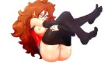  1girl android_21 blue_eyes blush breasts dragon_ball dragon_ball_fighterz dragonball_z earrings eyebrows eyewear feet female glasses lips long_hair nipples no_shoes pussy red_hair shirt simple_background solo white_background 