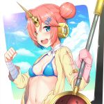  :d benitsuki_tsubasa bikini_top blue_bikini_top blue_eyes breasts clenched_hand commentary_request double_bun fate/apocrypha fate/grand_order fate_(series) frankenstein's_monster_(fate) frankenstein's_monster_(swimsuit_saber)_(fate) hair_ornament hairclip heterochromia horn looking_at_viewer medium_breasts navel open_mouth pink_hair short_hair sleeves_past_wrists smile solo upper_body yellow_eyes 