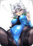  bare_shoulders black_legwear blue_gloves blush braid breasts elbow_gloves gloves grey_hair highres izayoi_sakuya large_breasts leotard long_hair necktie pantyhose pussy_juice sideboob sidelocks smile solo spread_legs sweat tajima_yuuki touhou 