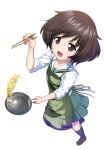  akiyama_yukari apron bangs black_legwear blouse brown_eyes brown_footwear brown_hair camouflage_apron chopsticks commentary_request cooking excel_(shena) eyebrows_visible_through_hair flipping_food food foreshortening fried_rice frying_pan full_body girls_und_panzer green_apron green_skirt highres holding loafers long_sleeves looking_at_viewer messy_hair miniskirt ooarai_school_uniform open_mouth pleated_skirt school_uniform serafuku shoes short_hair skillet skirt sleeves_rolled_up smile socks solo standing transparent_background white_blouse 