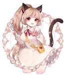  animal_ears arms_up bag cat_ears cat_tail dress elin_(tera) highres long_hair open_mouth pink_dress pink_hair ponytail red_eyes smile solo tail tail_raised tera_online yomi_yojo 