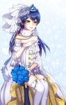  bangs blue_flower blue_hair blush bouquet bridal_veil commentary_request detached_sleeves dress eyebrows_visible_through_hair flower frills hand_on_own_chest long_hair love_live! love_live!_school_idol_project open_mouth shorts simple_background sitting solo sonoda_umi strapless strapless_dress thighhighs tiara tora_(tora_factory) veil wedding wedding_dress white_legwear yellow_eyes 