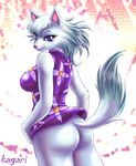  animal_crossing anthro bianca blue_eyes bottomless breasts butt canine clothed clothing female fur hair half-dressed kagari looking_at_viewer looking_back mammal nintendo playful raised_tail side_boob smile solo video_games white_fur white_hair whitney whitney_(animal_crossing) wolf 