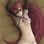  arms_up blindfold blue_eyes breasts closed_mouth clothes_writing crop_top earrings elbow_gloves face gloves hair_slicked_back igau jewelry lips long_hair lying medium_breasts musashi_(pokemon) navel nipples on_back panties pokemon pokemon_(anime) realistic red_hair shirt_lift skirt solo team_rocket underwear 