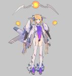  1girl armor bit_(r-type) blonde_hair blue_eyes bodysuit boots breasts closed_mouth commentary_request covered_navel floating floating_object force_(r-type) full_body grey_background high_heel_boots high_heels highres long_hair mecha_musume medium_breasts multicolored_hair nagisa_kurousagi personification r-type r-type_delta rigging rx-10_albatross shoulder_armor sidelocks simple_background solo standing twintails very_long_hair white_bodysuit 