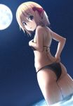  :o adjusting_clothes adjusting_swimsuit ass bare_arms bare_back bare_shoulders bikini black_bikini blonde_hair blush dutch_angle eyebrows_visible_through_hair flat_chest from_behind full_moon hair_between_eyes hair_ribbon hand_on_own_chest hard highres looking_at_viewer looking_back moon moonlight ocean open_mouth outdoors red_eyes red_ribbon ribbon rumia short_hair solo swimsuit tareme thighs touhou water 