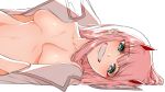  bad_anatomy bangs breasts clenched_teeth darling_in_the_franxx geroro44 green_eyes grin horns jacket_on_shoulders long_hair looking_at_viewer lying navel on_side pink_hair simple_background small_breasts smile solo teeth upper_body white_background zero_two_(darling_in_the_franxx) 