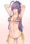  antenna_hair arm_up armpits arms_behind_head arms_up bangs bikini blazblue blazblue_remix_heart blue_hair bluefield blush bow breasts cameltoe cleavage collarbone covered_nipples cowboy_shot genderswap genderswap_(mtf) gradient gradient_background groin hair_between_eyes highres holding large_breasts long_hair looking_up mai_natsume navel open_mouth ponytail red_eyes side-tie_bikini sidelocks simple_background smile solo stomach string_bikini striped striped_bikini sweat swimsuit thigh_gap thighs tying_hair undressing untying very_long_hair wet wet_clothes wet_hair wet_swimsuit yellow_bow 