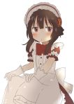  alternate_costume apron blush breasts brown_hair frills gloves highres kono_subarashii_sekai_ni_shukufuku_wo! looking_at_viewer maid maid_apron maid_headdress megumin neck_ribbon open_mouth red_eyes ribbon short_hair short_hair_with_long_locks simple_background skirt skirt_lift small_breasts solo standing white_background white_gloves yuno_(suke_yuno) 