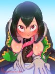  1girl asui_tsuyu black_eyes blush bodysuit breasts dark-skinned_male dark_skin eyebrows fellatio female green_hair heart kajin long_hair my_hero_academia nipples penis saliva shirt tongue tongue_out 