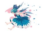  ahoge barefoot blue_bow blue_eyes blue_hair blue_wings blush bow bowtie cirno detached_wings dress from_side full_body grin hair_bow hashiro ice ice_wings leaning_forward pinafore_dress profile red_bow red_neckwear shiny shiny_hair shirt short_hair short_sleeves smile solo tareme teeth touhou two-tone_background white_shirt wings 