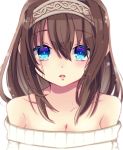  bangs bare_shoulders blue_eyes blush breasts brown_hair cleavage collarbone colored_eyelashes eyebrows_visible_through_hair hair_between_eyes hairband idolmaster idolmaster_cinderella_girls long_hair looking_at_viewer medium_breasts off-shoulder_sweater parted_lips sagisawa_fumika shiny shiny_hair simple_background solo sweater upper_body white_background white_sweater yahagi_(yui1251) 