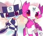  1boy 1girl 2020_summer_olympics animallain blue_eyes clenched_hand full_body mascot miraitowa no_humans olympics open_mouth red_eyes signature smile someity star 