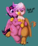 ! &lt;3 2018 :3 avian beak blush brown_feathers chest_tuft claws color_edit colored cute cutie_mark dialogue edit english_text equine eyebrows eyebrows_visible_through_hair eyelashes feathered_wings feathers female female/female feral friendship_is_magic full-length_portrait fur gilda_(mlp) gryphon hair hi_res hooves horn hug inner_ear_fluff looking_at_viewer love mammal multicolored_hair my_little_pony navel nude open_mouth pabbley portrait purple_eyes purple_feathers talking_to_viewer teal_background text toe_claws tongue transgressors-reworks tuft twilight_sparkle_(mlp) winged_unicorn wings yellow_eyes 